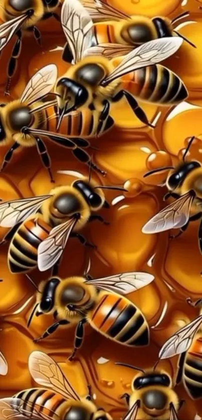 Swarm of honeybees on golden honeycombs