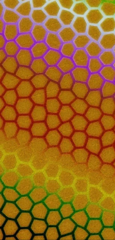 Colorful honeycomb pattern with orange, green, and purple hues on mobile wallpaper.