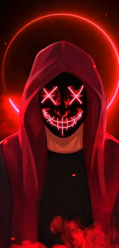 Hooded figure with neon red glowing face in digital art wallpaper.