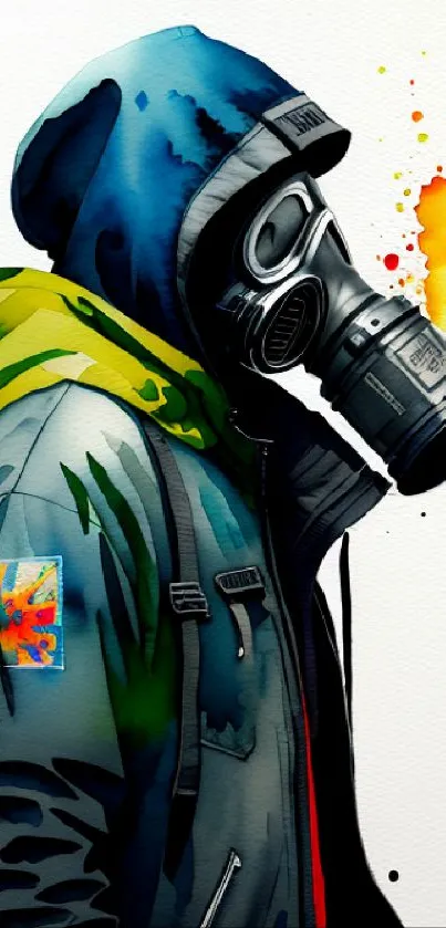 Hooded figure in a gas mask with vibrant splashes of color.