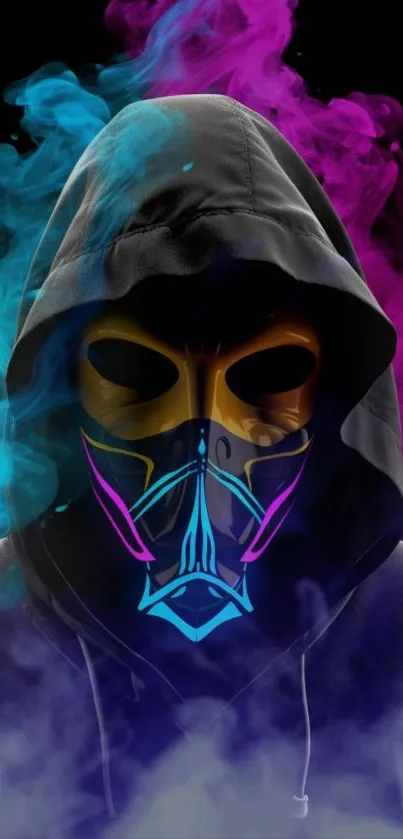 Vibrant hooded figure with colorful mask and abstract smoke.