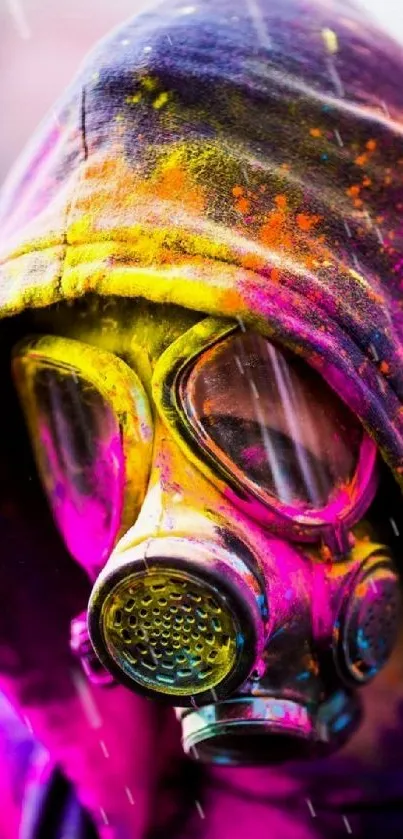 Person in vibrant hooded gas mask with colorful splashes.