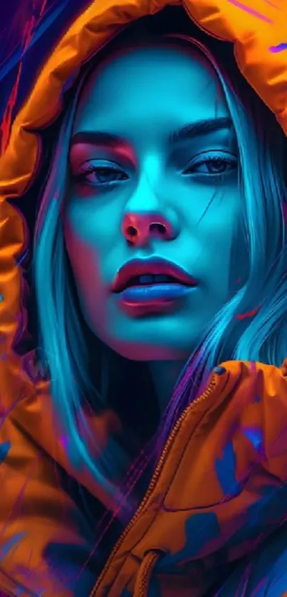 Vivid neon portrait of a hooded woman with striking colors.