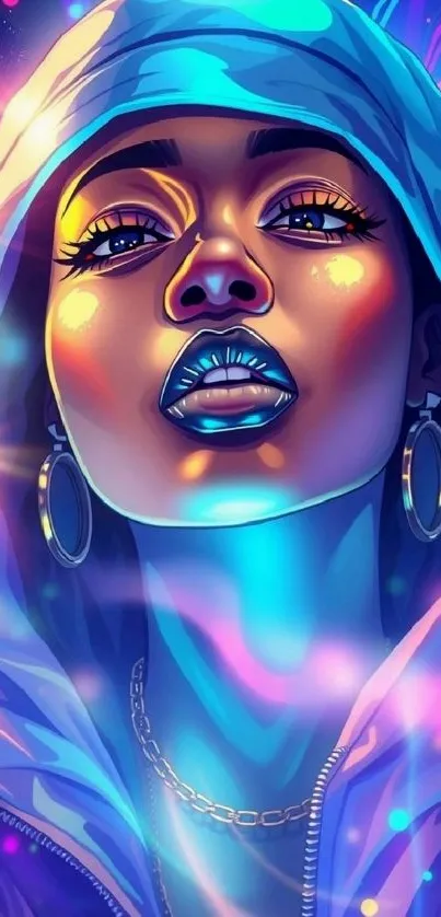 Vibrant digital artwork of a hooded figure with neon colors.