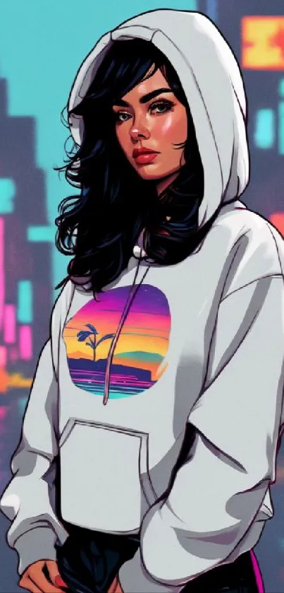 Stylish woman in hoodie with neon city background.