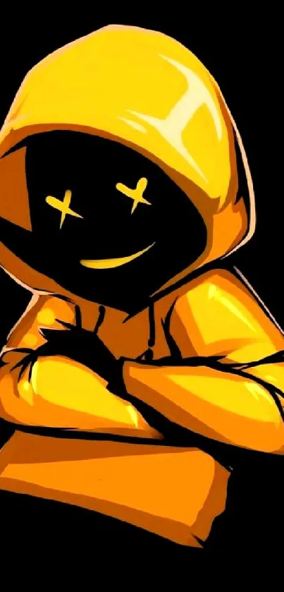 Stylized figure in yellow hoodie against black background.