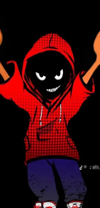 Illustration of a character in a red hoodie with an edgy design.