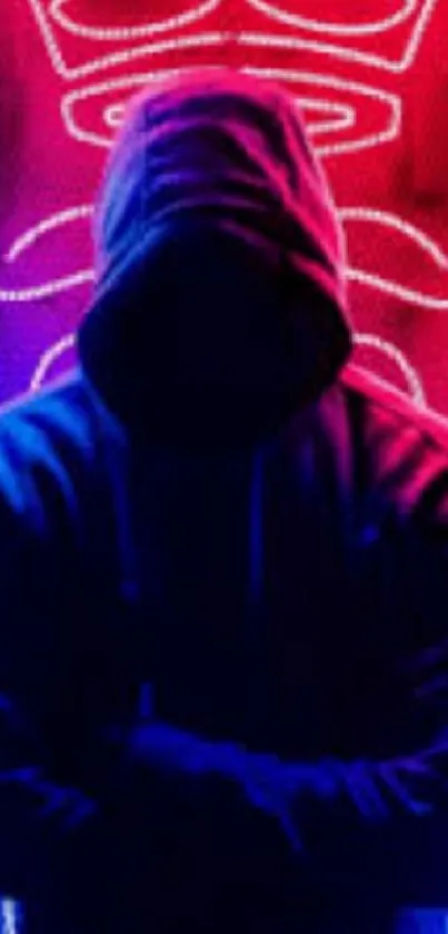 Hooded silhouette with neon red and blue glow.