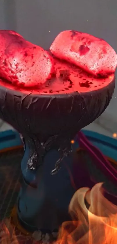 Glowing red charcoal on a hookah with fire flames in vibrant hues.