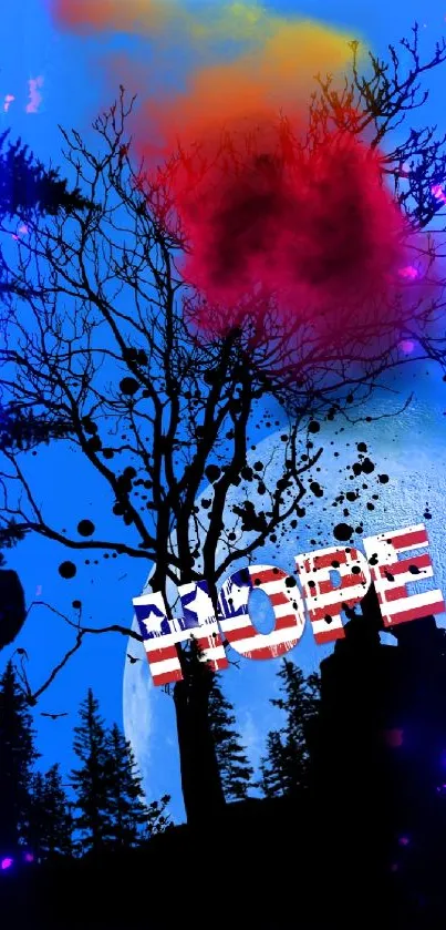 Colorful tree silhouette with 'HOPE' text on a blue background.