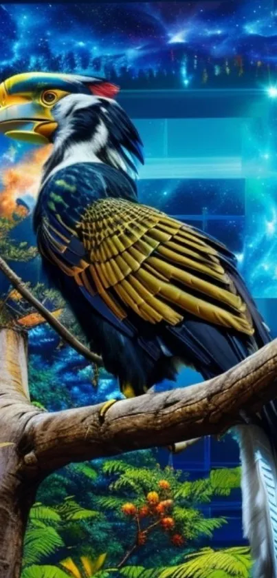 Hornbill perched in an ethereal galaxy setting with vibrant colors.