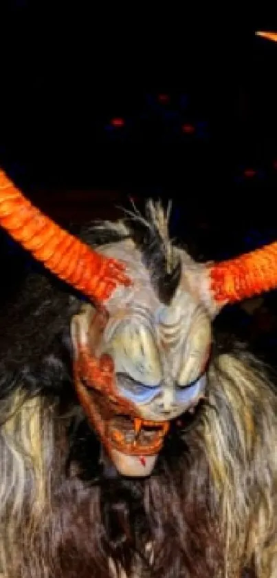 Mythical creature with vibrant orange horns on a dark background.