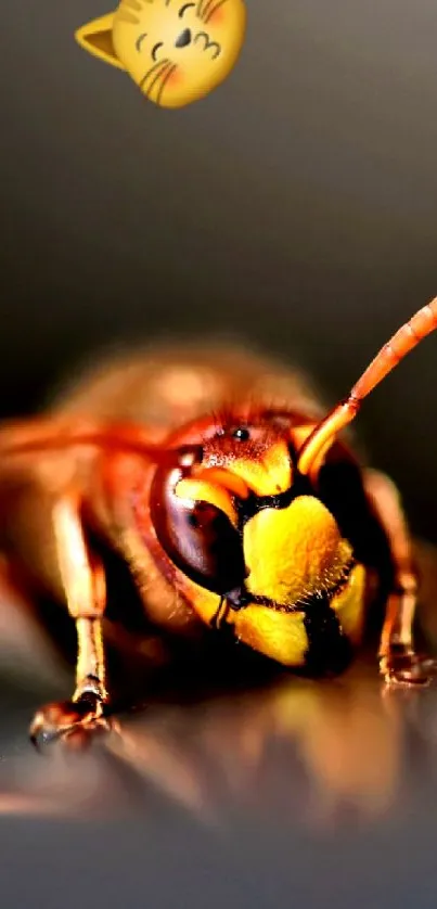 Close-up of an alert hornet with a cartoon decoration on a smartphone wallpaper.