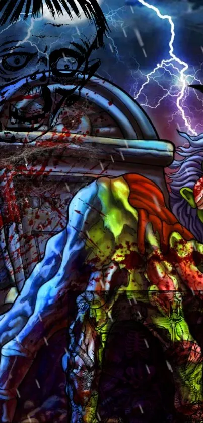 Vibrant horror art wallpaper with zombies and lightning effects.