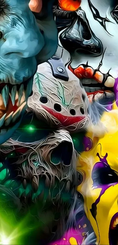 Vibrant horror art mobile wallpaper with eerie characters.