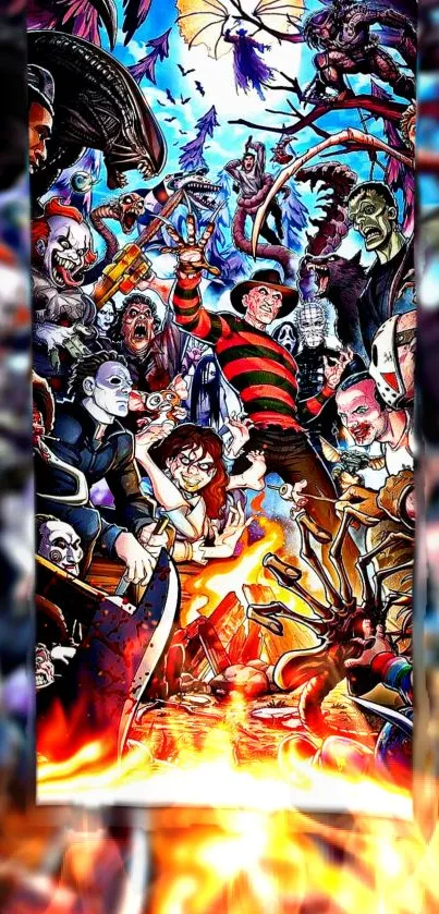 Vibrant horror cartoon collage with iconic characters and fiery colors.