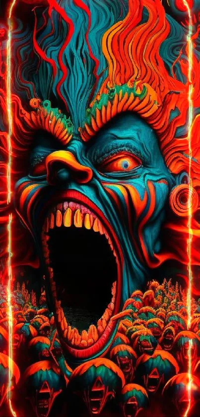 Horror-themed vibrant mobile wallpaper with fiery colors and surreal design.