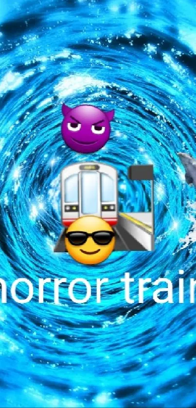 Blue vortex horror train wallpaper with emojis.