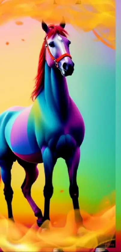 Vibrant horse with a rainbow coat amidst colorful flames on a phone wallpaper.