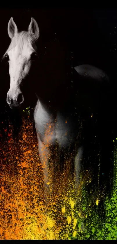 A vibrant horse art wallpaper with colorful neon powder splash.