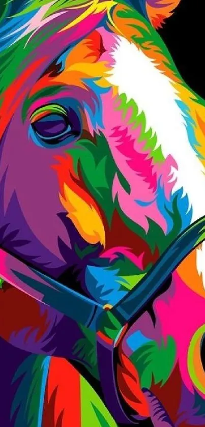 Vibrant abstract horse artwork with multicolored design on a dark background.