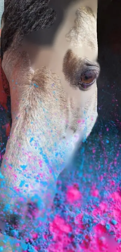 Vibrant horse with blue and pink color splash design.