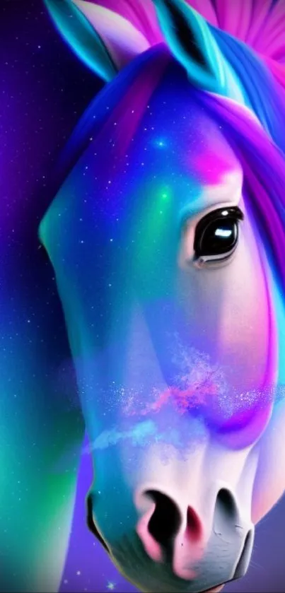 Vibrant neon horse with galaxy background and colorful mane.