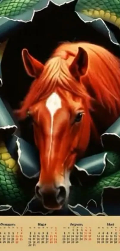 Vibrant horse breaking through a green textured background.