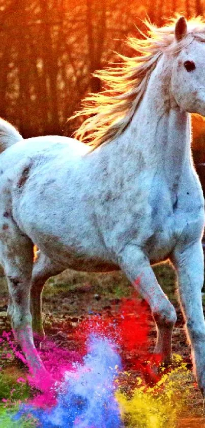 White horse runs through colorful smoke at sunset.