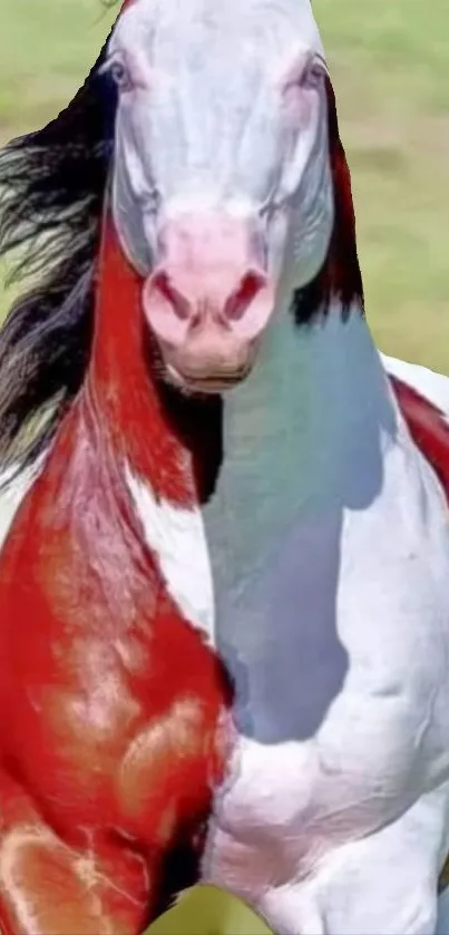 Majestic horse with vibrant colors on grassy background.