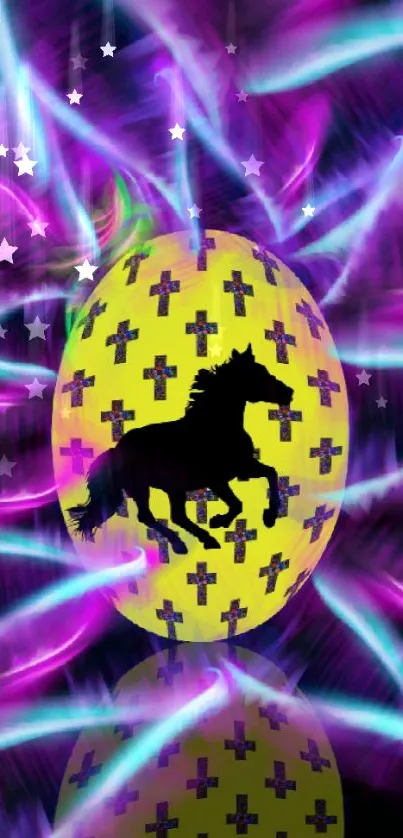 Surreal horse silhouette on a vibrant purple and yellow background with stars.