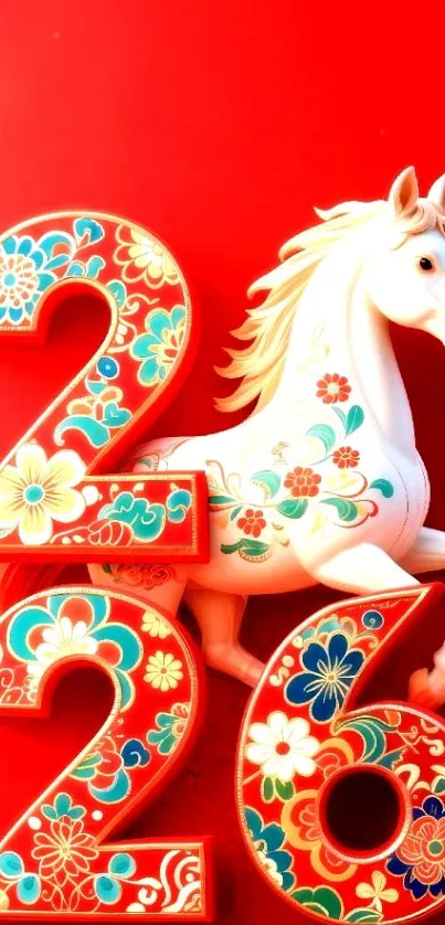 Colorful horse design with flower patterns on red background.