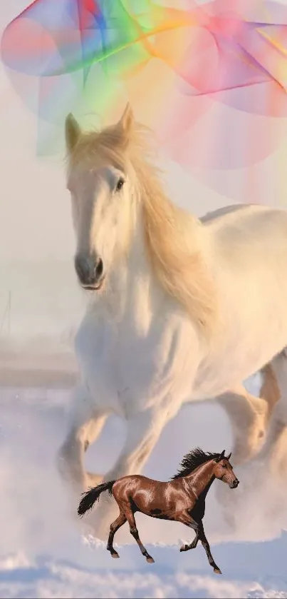 Galloping horses in snow with colorful lights.