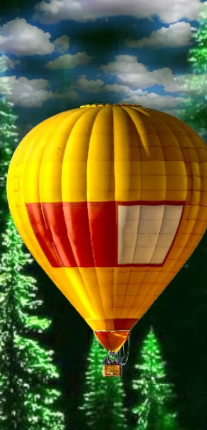 Yellow hot air balloon over a lush forest background.