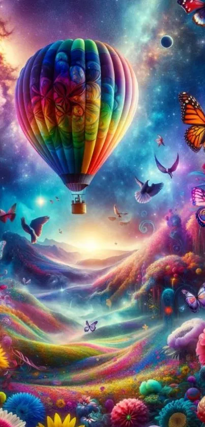Colorful hot air balloon with butterflies in a fantasy landscape.