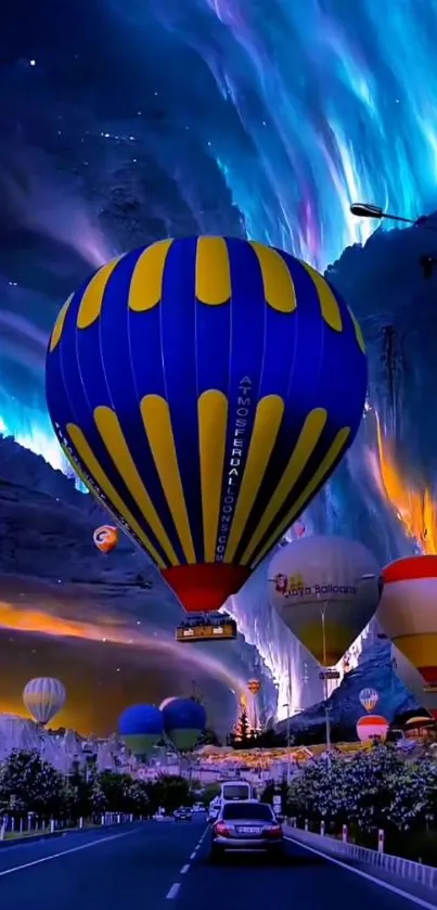 Colorful hot air balloons floating under an aurora-lit sky.