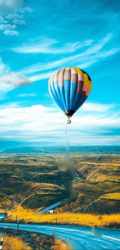 Vibrant hot air balloon soaring over scenic landscape under a clear blue sky.