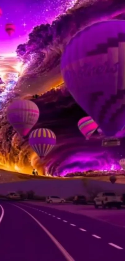 Hot air balloons floating in a vibrant fantasy purple sky.