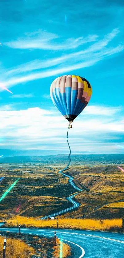 Vibrant hot air balloon soaring over a scenic winding road.