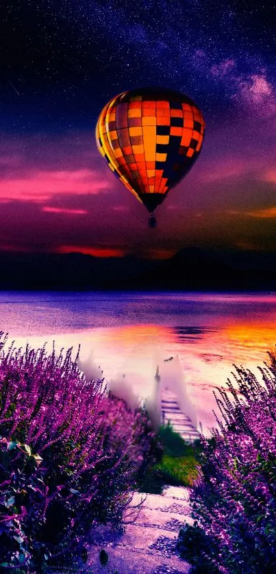 Hot air balloon over a colorful sunset with a magenta sky and water reflection.