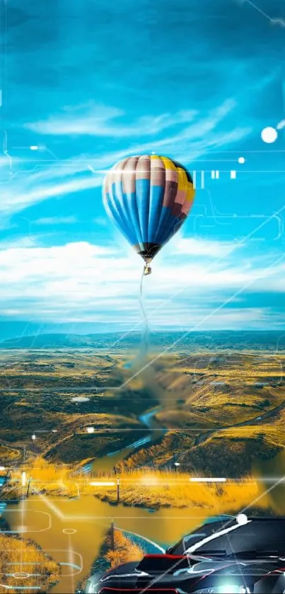 Colorful hot air balloon over digital landscape with sky blue backdrop.