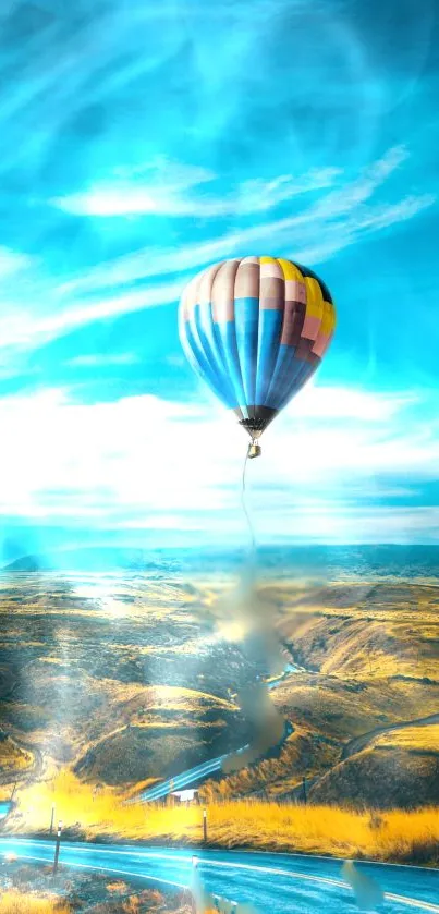 Vivid hot air balloon in blue sky over scenic landscape.