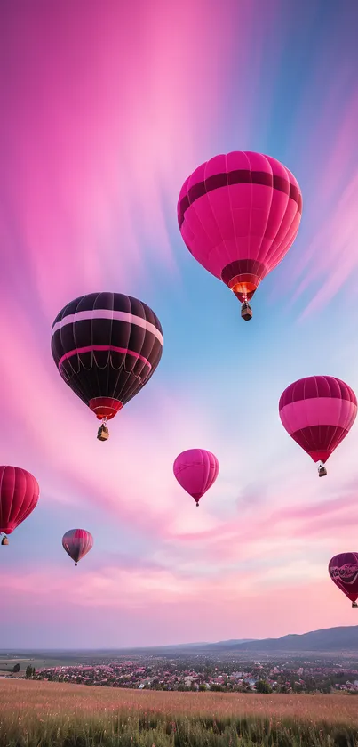 Vibrant hot air balloons in a pink sky, creating a scenic view.