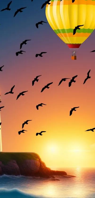 Hot air balloon and birds against a sunset backdrop with lighthouse.