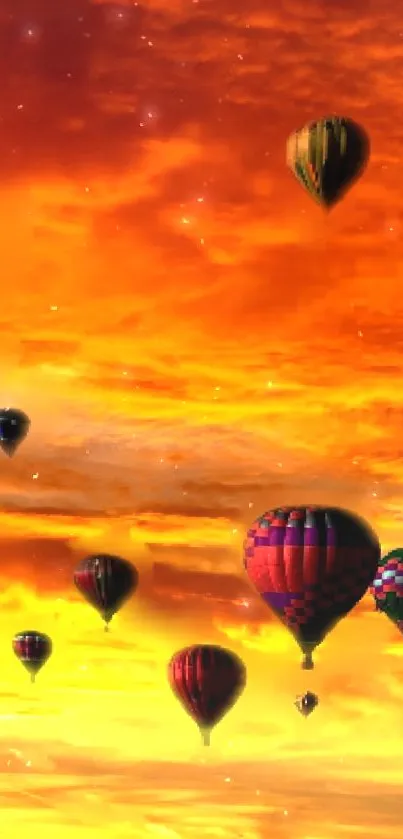 Hot air balloons flying at sunset with vivid orange sky.