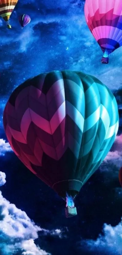 Vibrant hot air balloons float in a starry blue sky.