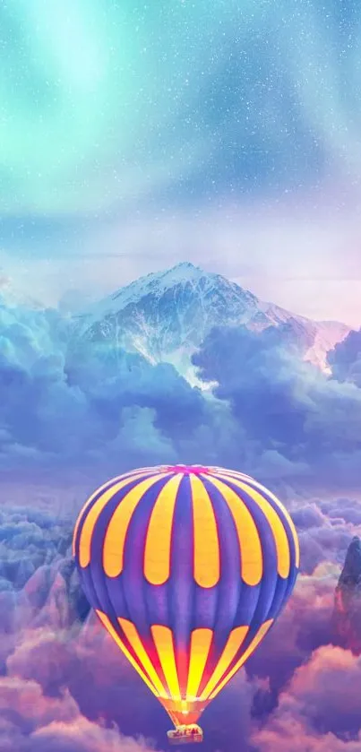 Hot air balloon floats above vibrant clouds and mountains.