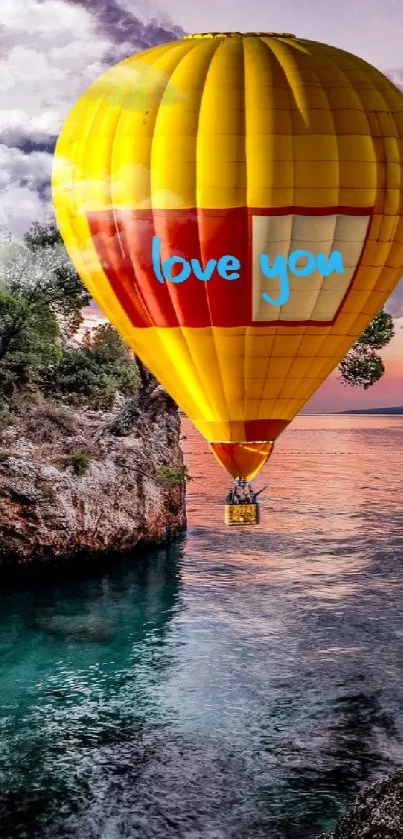 Vibrant hot air balloon over ocean at sunset with vibrant colors.