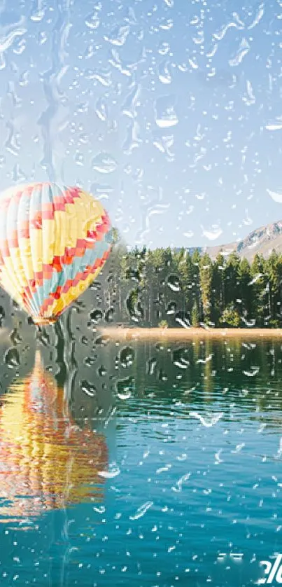 Colorful hot air balloon over tranquil lake with forest backdrop.