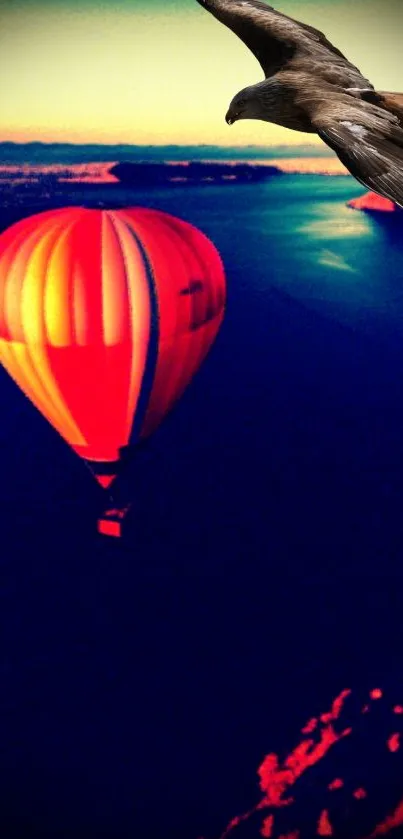 Vibrant hot air balloon over a scenic sunset with bird in sky.